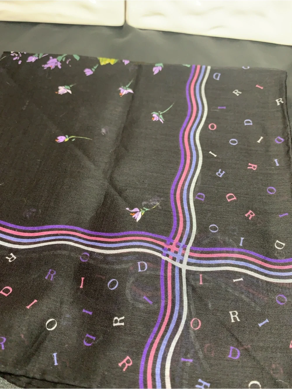 Christian Dior Floral Silk Scarf — Black with Purple & Pink Bouquet
